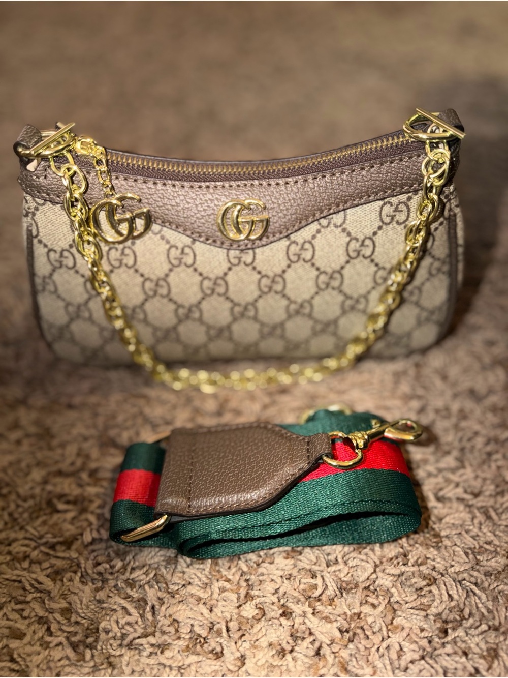 Brown GG Canvas Mini Bag with Gold Hardware and Green-Red Strap
